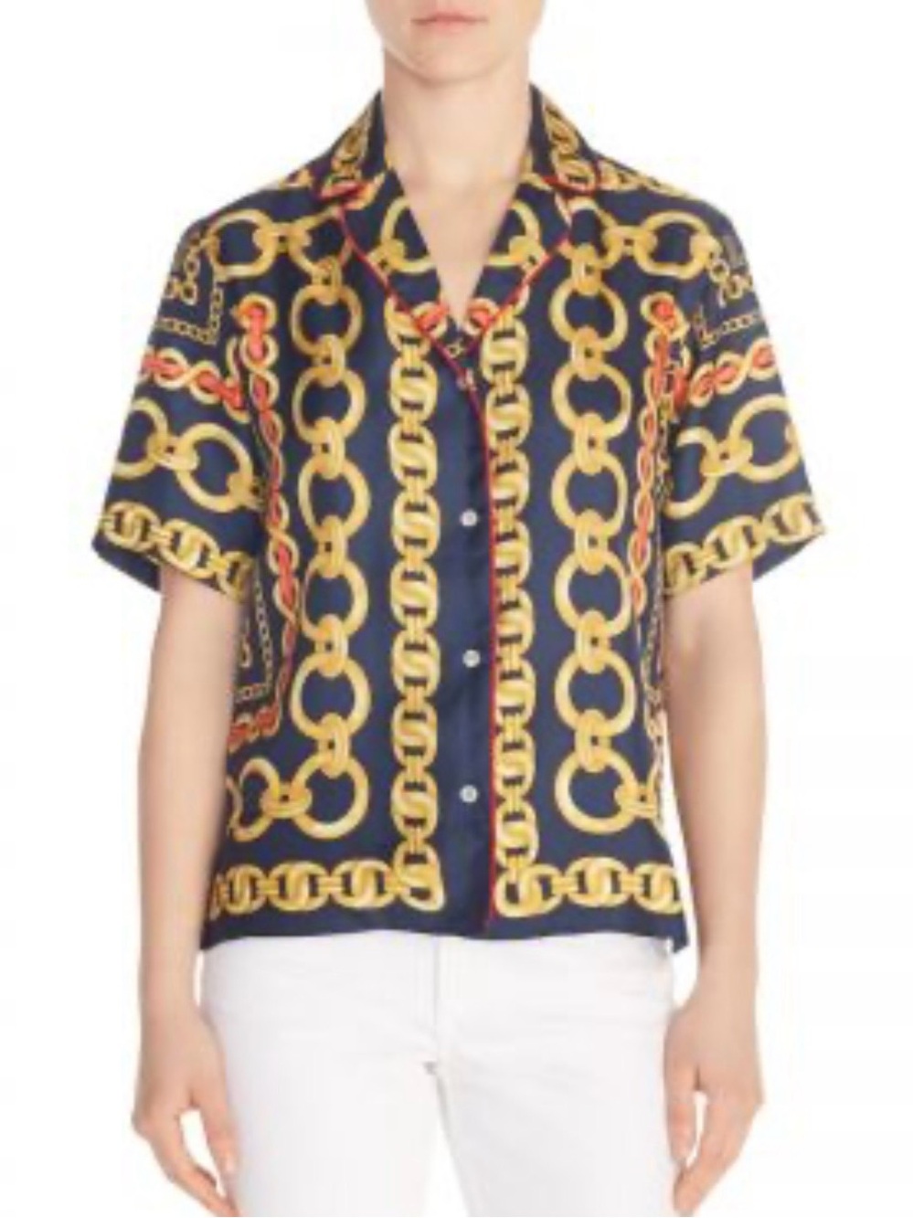 Sandro Paris Mathias Chain Print Silk Shirt Navy Short-Sleeve Silk Size 1 US S/4